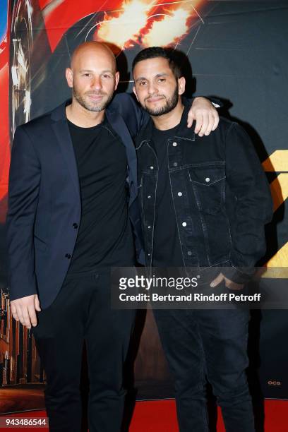 Franck Gastambide and Malik Bentalha attend "Taxi 5" Paris Premierere at Le Grand Rex on April 8, 2018 in Paris, France.