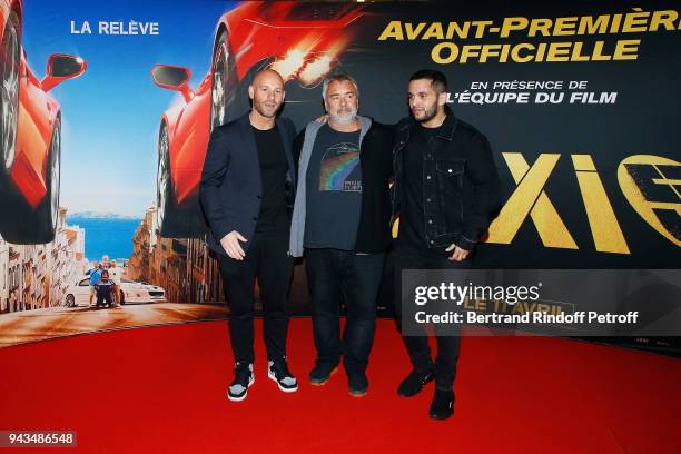 Franck Gastambide, Luc Besson and Malik Bentalha attend "Taxi 5" Paris Premierere at Le Grand Rex on April 8, 2018 in Paris, France.