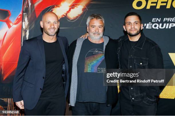 Franck Gastambide, Luc Besson and Malik Bentalha attend "Taxi 5" Paris Premierere at Le Grand Rex on April 8, 2018 in Paris, France.