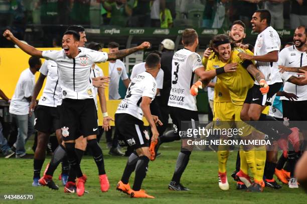 Players of Corinthians celebrate after their team won the 2018 Paulista championship final football match against Palmeiras held at Allianz Parque...