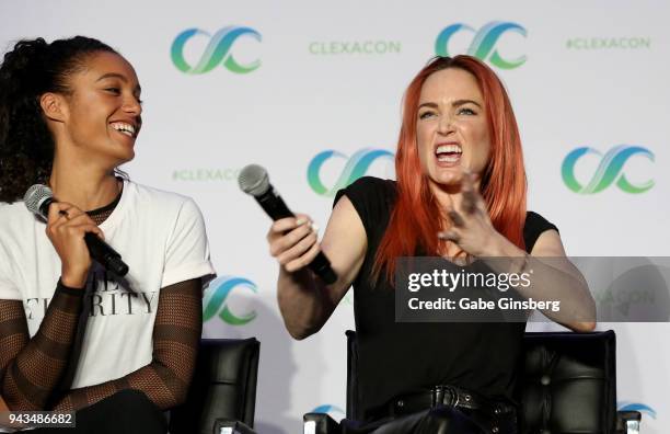 Actresses Maisie Richardson-Sellers and Caity Lotz speak at the "Legends of Tomorrow" panel during the ClexaCon 2018 convention at the Tropicana Las...