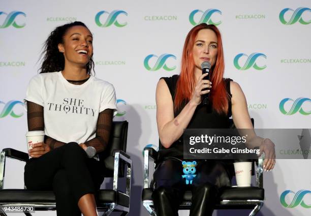 Actresses Maisie Richardson-Sellers and Caity Lotz speak at the "Legends of Tomorrow" panel during the ClexaCon 2018 convention at the Tropicana Las...