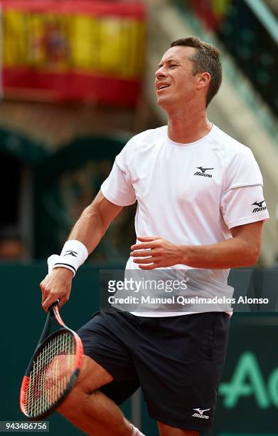 Philipp Kohlschreiber of Germany reacts during his match against David Ferrer of Spain during day three of the Davis Cup World Group Quarter Final...