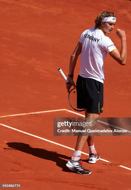 Alexander Zverev of Germany celebrates a point during his match against Rafa Nadal of Spain during day three of the Davis Cup World Group Quarter...