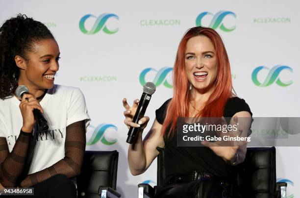 Actresses Maisie Richardson-Sellers and Caity Lotz speak at the "Legends of Tomorrow" panel during the ClexaCon 2018 convention at the Tropicana Las...