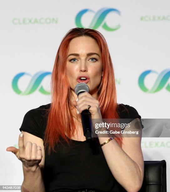 Actress Caity Lotz speaks at the "Legends of Tomorrow" panel during the ClexaCon 2018 convention at the Tropicana Las Vegas on April 8, 2018 in Las...