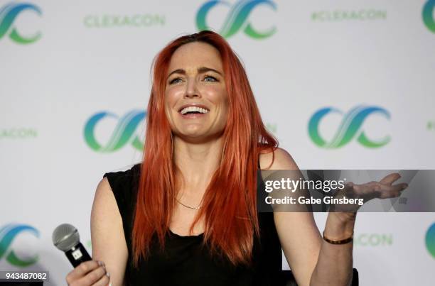 Actress Caity Lotz speaks at the "Legends of Tomorrow" panel during the ClexaCon 2018 convention at the Tropicana Las Vegas on April 8, 2018 in Las...