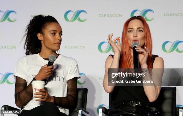 Actresses Maisie Richardson-Sellers and Caity Lotz speak at the "Legends of Tomorrow" panel during the ClexaCon 2018 convention at the Tropicana Las...