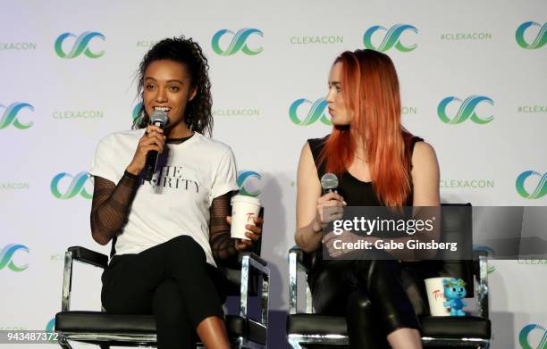 Actresses Maisie Richardson-Sellers and Caity Lotz speak at the "Legends of Tomorrow" panel during the ClexaCon 2018 convention at the Tropicana Las...