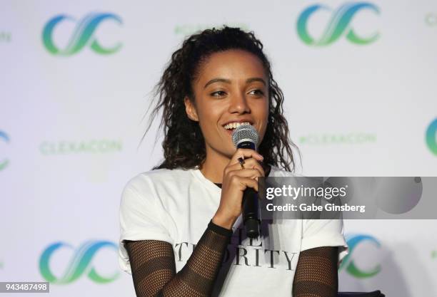 Actress Maisie Richardson-Sellers speaks at the "Legends of Tomorrow" panel during the ClexaCon 2018 convention at the Tropicana Las Vegas on April...