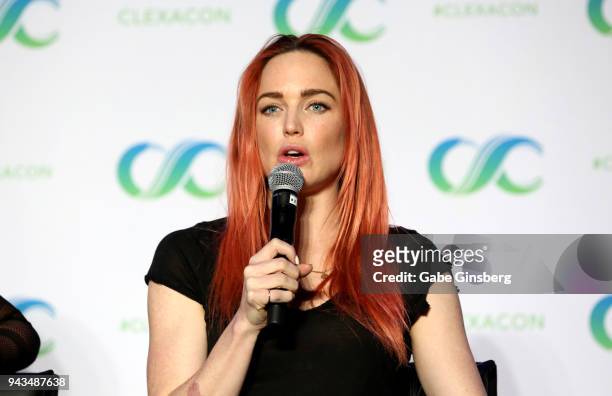Actress Caity Lotz speaks at the "Legends of Tomorrow" panel during the ClexaCon 2018 convention at the Tropicana Las Vegas on April 8, 2018 in Las...