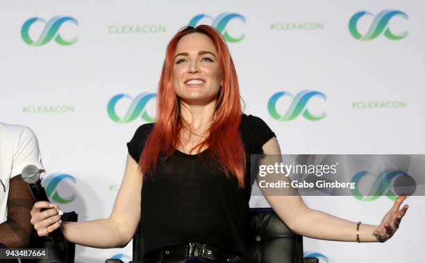 Actress Caity Lotz speaks at the "Legends of Tomorrow" panel during the ClexaCon 2018 convention at the Tropicana Las Vegas on April 8, 2018 in Las...