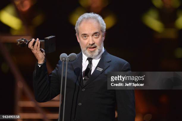 Sam Mendes receives the award for Best Director for 'The Ferryman' on stage during The Olivier Awards with Mastercard at Royal Albert Hall on April...