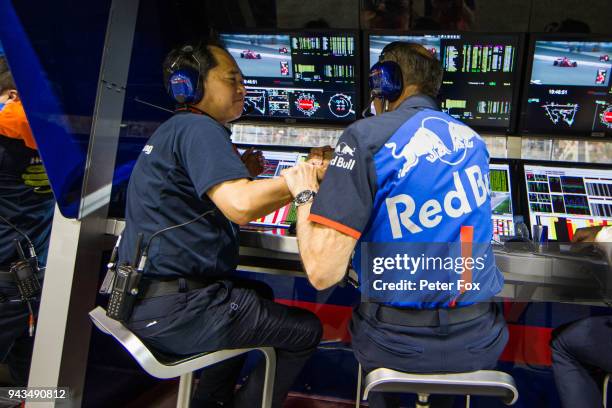 Toyoharu Tanabe of Honda and Japan celebrates with Franz Tost of Scuderia Toro Rosso and Austria during the Bahrain Formula One Grand Prix at Bahrain...