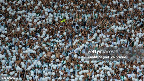 Fans cheer the Palmeiras team during a match between Palmeiras and Corinthians of the final of Paulista Championship 2018 at Allianz Parque on April...
