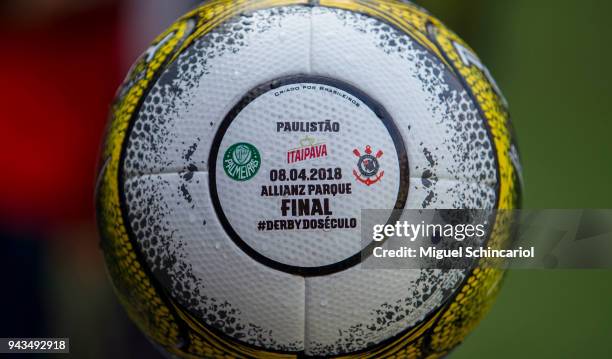 Detail of the ball before a match between Palmeiras and Corinthians of the final of Paulista Championship 2018 at Allianz Parque on April 8, 2018 in...