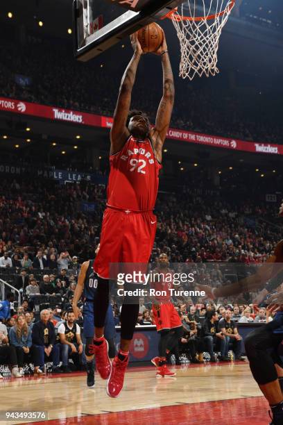 Lucas Nogueira of the Toronto Raptors drives to the basket during the game against the Orlando Magic on April 8, 2018 at the Air Canada Centre in...