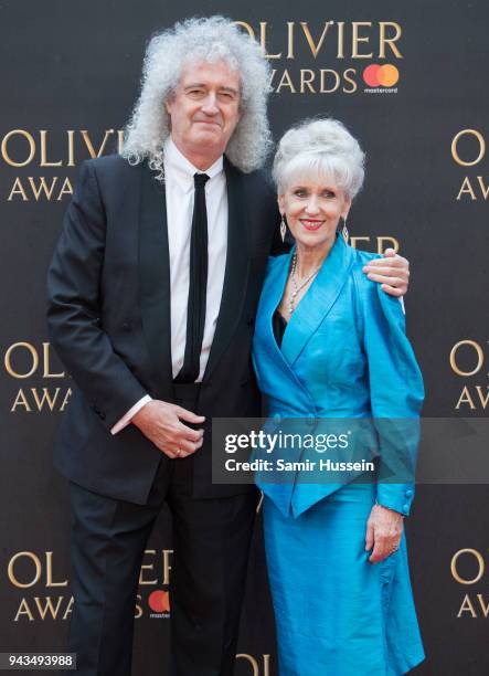 Brian May and Anita Dobson attend The Olivier Awards with Mastercard at Royal Albert Hall on April 8, 2018 in London, England.