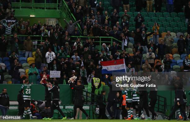 Sporting CP head coach Jorge Jesus from Portugal and Sporting CP players celebrate the victory with supporters at the end of the Primeira Liga match...