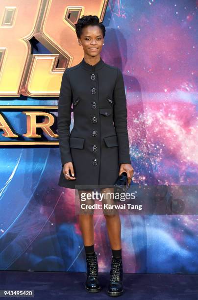 Letitia Wright attends the UK Fan Event for "Avengers Infinity War" at Television Studios White City on April 8, 2018 in London, England.
