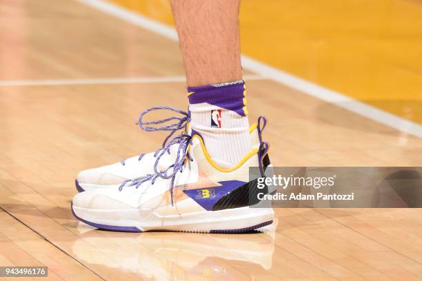 Sneakers of Lonzo Ball of the Los Angeles Lakers during the game against the Utah Jazz on April 8, 2018 at STAPLES Center in Los Angeles, California....
