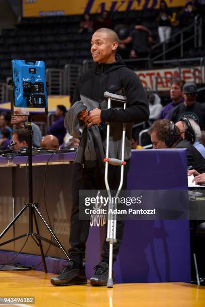 Isaiah Thomas of the Los Angeles Lakers looks on before the game against the Utah Jazz on April 8, 2018 at STAPLES Center in Los Angeles, California....