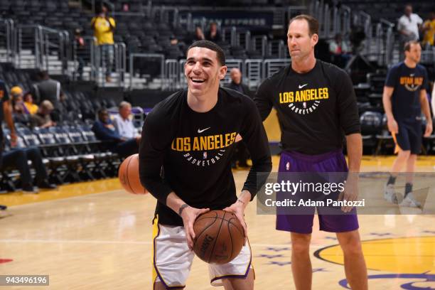 Lonzo Ball of the Los Angeles Lakers warms up before the game against the Utah Jazz on April 8, 2018 at STAPLES Center in Los Angeles, California....
