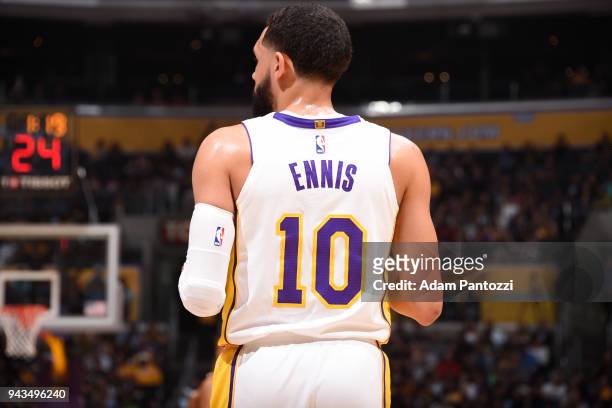 Tyler Ennis of the Los Angeles Lakers looks on during the game against the Utah Jazz on April 8, 2018 at STAPLES Center in Los Angeles, California....