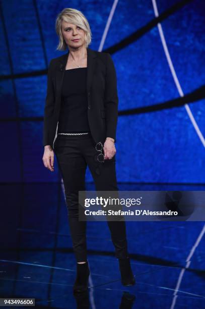 Maria De Filippi attends 'Che Tempo Che Fa' tv show on April 8, 2018 in Milan, Italy.