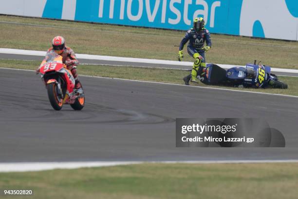 Valentino Rossi of Italy and Movistar Yamaha MotoGP crashed out during the MotoGP race during the MotoGp of Argentina - Race on April 8, 2018 in Rio...