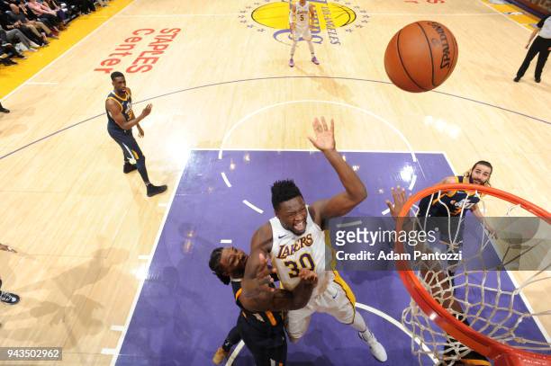 Julius Randle of the Los Angeles Lakers shoots the ball against the Utah Jazz on April 8, 2018 at STAPLES Center in Los Angeles, California. NOTE TO...