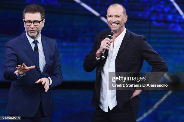 Fabio Fazio and Biagio Antonacci attend 'Che Tempo Che Fa' tv show on April 8, 2018 in Milan, Italy.