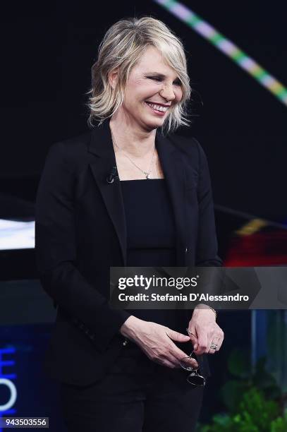 Maria De Filippi attends 'Che Tempo Che Fa' tv show on April 8, 2018 in Milan, Italy.