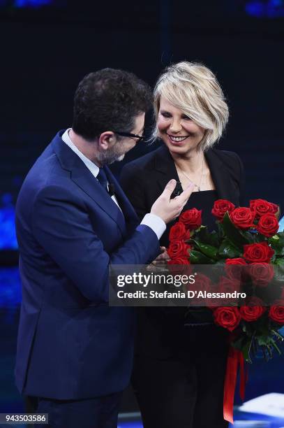 Fabio Fazio and Maria De Filippi attend 'Che Tempo Che Fa' tv show on April 8, 2018 in Milan, Italy.