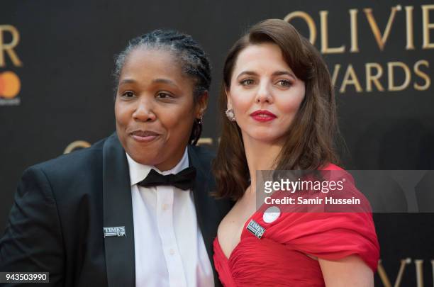 Marai Larasi and Ophelia Lovibond attend The Olivier Awards with Mastercard at Royal Albert Hall on April 8, 2018 in London, England.