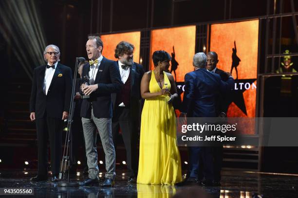 Sander Jacobs, Jeffrey Seller, Rachel John, Cameron Mackintosh and Giles Terera receive the award for Best New Musical for 'Hamilton' on stage during...