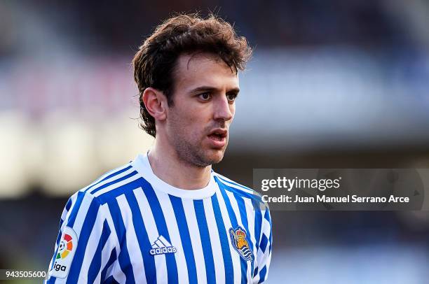 Ruben Pardo of Real Sociedad reacts during the La Liga match between Real Sociedad de Futbol and Girona FC at Estadio Anoeta on April 8, 2018 in San...