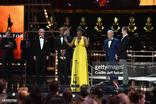 Sander Jacobs, Giles Terera, Rachel John, Cameron Mackintosh and Jeffrey Seller receive the award for Best New Musical for 'Hamilton' on stage during...