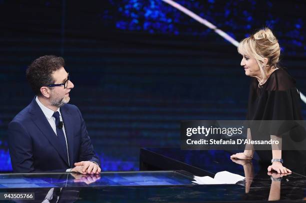 Fabio Fazio and Luciana Littizzetto attend 'Che Tempo Che Fa' tv show on April 8, 2018 in Milan, Italy.