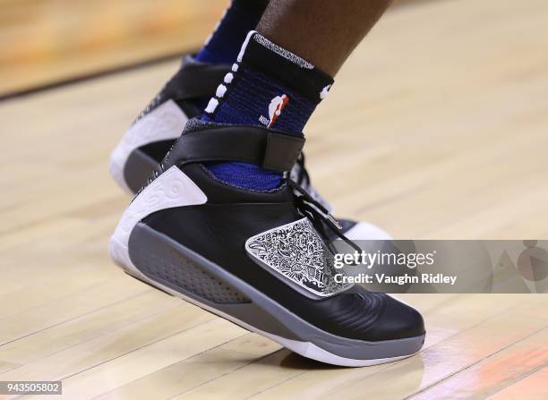 The shoes worn by Terrance Ross of the Orlando Magic during the first half of an NBA game against the Toronto Raptors at Air Canada Centre on April...