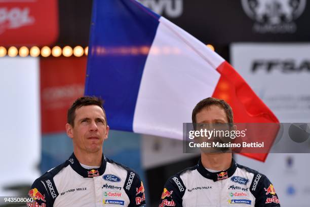 Sebastien Ogier of France and Julien Ingrassia of France celebrate their victory in the final podium in Ajaccio during Day Three of the WRC France on...