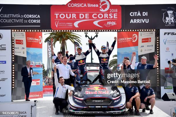 Sebastien Ogier of France and Julien Ingrassia of France celebrate their victory in the final podium in Ajaccio during Day Three of the WRC France on...