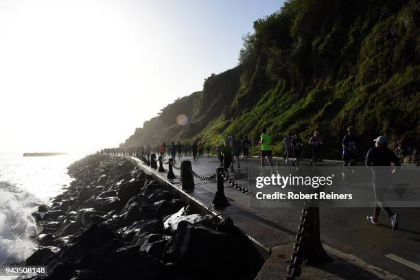 Participants race in the United Airlines Rock 'N' Roll Half Marathon San Francisco on April 8, 2018 in San Francisco, California.