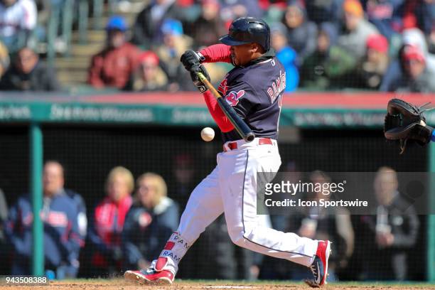 Cleveland Indians third baseman Jose Ramirez grounds out to the pitcher on a check swing to drive in a run during the eighth inning of the Major...