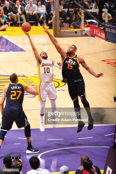 Tyler Ennis of the Los Angeles Lakers shoots the ball against the Utah Jazz on April 8, 2018 at STAPLES Center in Los Angeles, California. NOTE TO...