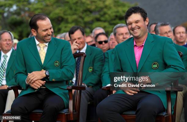 Sergio Garcia of Spain and Patrick Reed of the United States attend the green jacket ceremony after Reed won the 2018 Masters Tournament at Augusta...