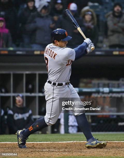 Mikie Mahtook of the Detroit Tigers bats against the Chicago White Sox during the Opening Day home game at Guaranteed Rate Field on April 5, 2018 in...