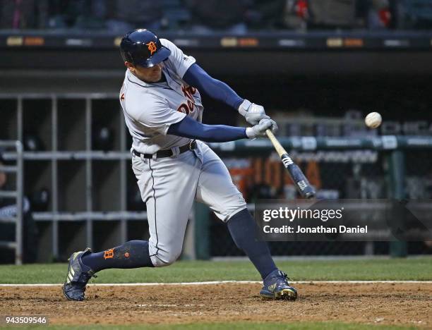 Mikie Mahtook of the Detroit Tigers bats against the Chicago White Sox during the Opening Day home game at Guaranteed Rate Field on April 5, 2018 in...