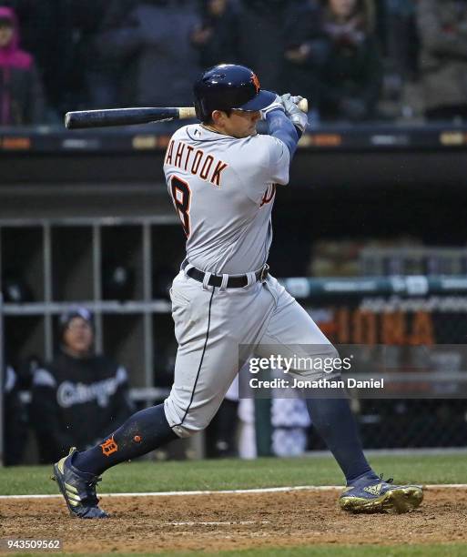 Mikie Mahtook of the Detroit Tigers bats against the Chicago White Sox during the Opening Day home game at Guaranteed Rate Field on April 5, 2018 in...