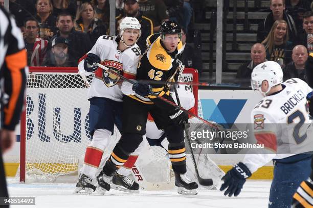 Henrik Borgstrom of the Florida Panthers against David Backes of the Boston Bruins at the TD Garden on April 8, 2018 in Boston, Massachusetts.